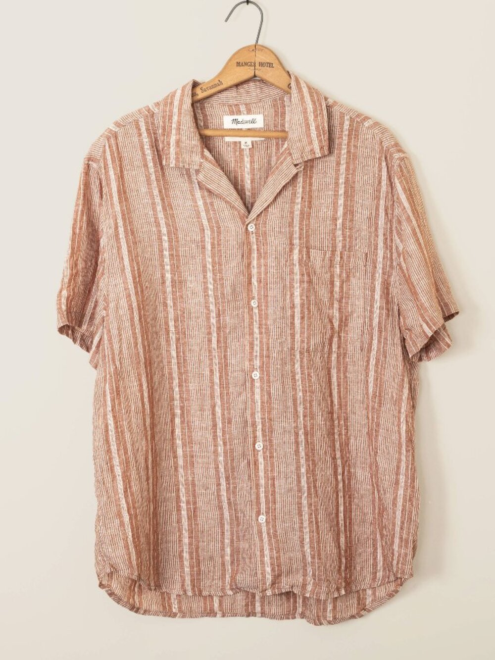 Madewell Men's Easy Fit Linen Short-Sleeve Shirt Striped Rust Orange Size M